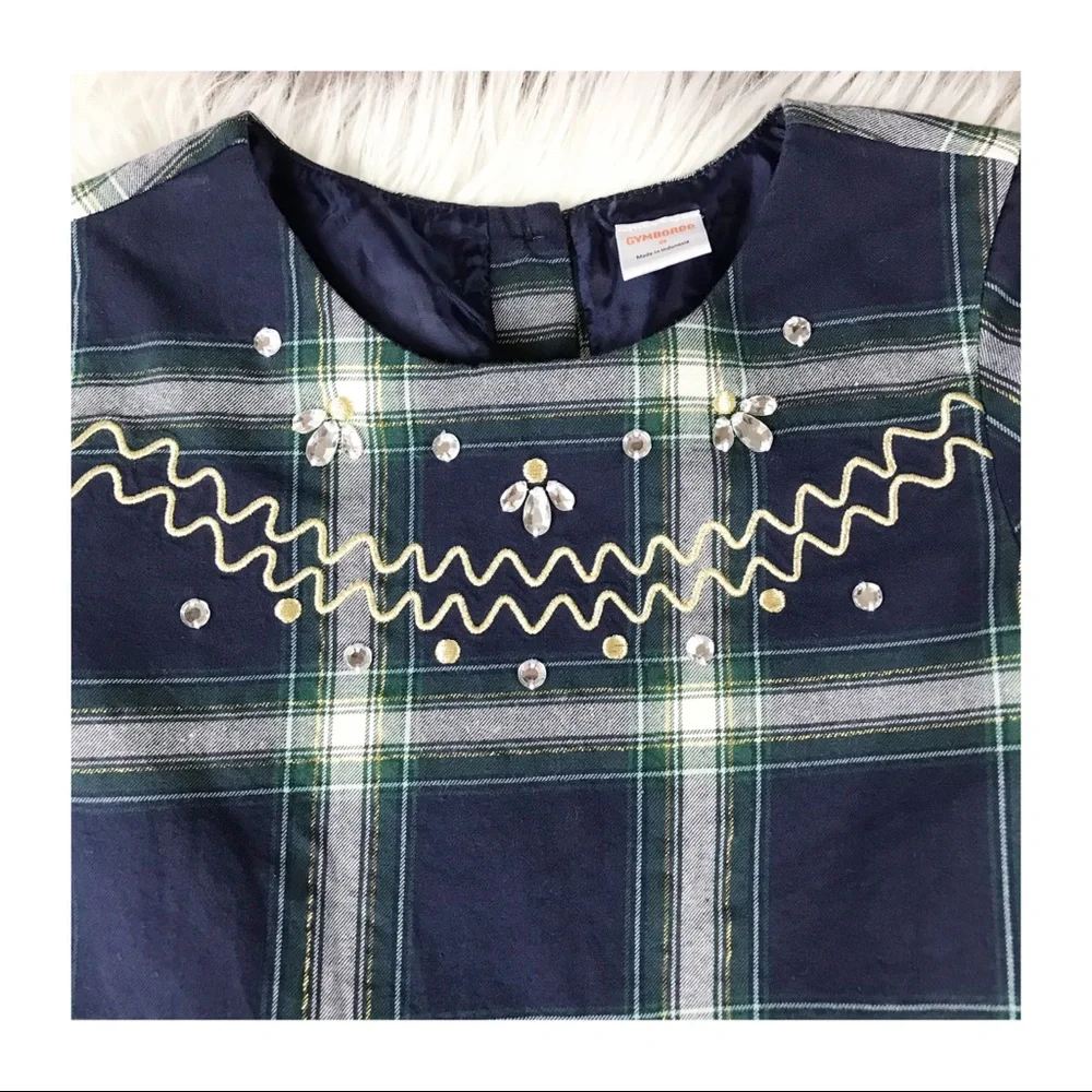 Gymboree Holiday Christmas Short Sleeve Embellished Plaid Dress Navy Blue Size 8